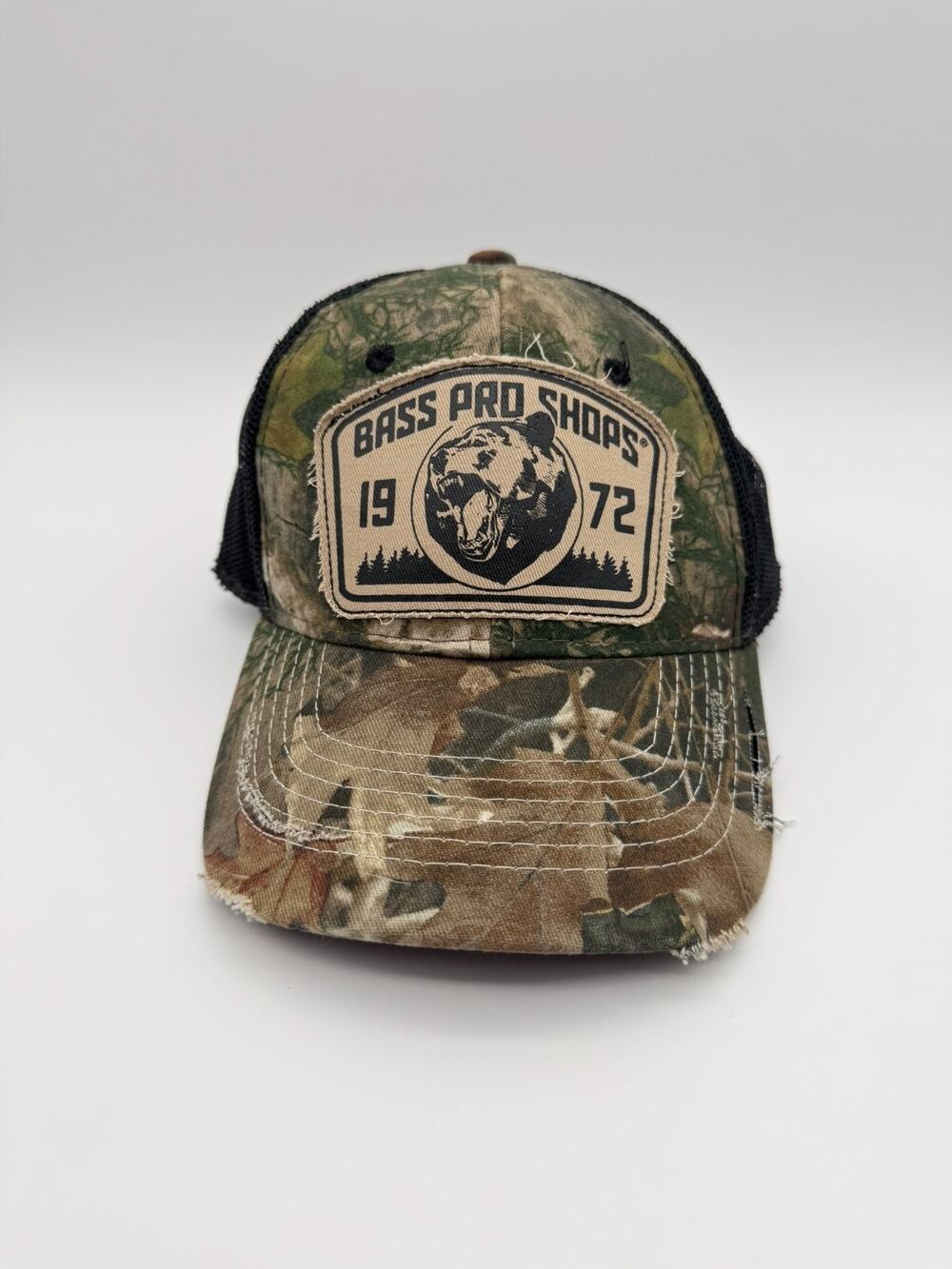 Bass Pro Shops Youth Camo Trucker Hat Distressed Bear 1972 Patch Cap BPS 220298